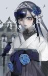  1girl ado_(utaite) bell bird blue_eyes blue_flower blue_hair blue_rose chando_(ado) commentary_request crow flower grey_skirt hairband highres htt_hatuotuo japanese_clothes kimono long_hair looking_at_viewer outdoors rose skirt solo utaite white_kimono 