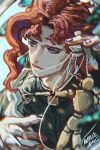  1boy asymmetrical_bangs blurry_edges cherry_earrings chinese_commentary earrings eyelashes food-themed_earrings gakuran highres holding jewelry jojo_no_kimyou_na_bouken kakyoin_noriaki looking_to_the_side male_focus marionette medium_hair puppet purple_eyes purple_nails quanmingwu red_hair school_uniform solo stardust_crusaders 