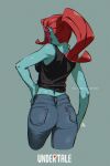  1girl black_shirt blue_pants blue_skin colored_skin copyright_name cropped_legs film_grain fins from_behind green_background hand_on_own_hip head_fins highres kamezaemon pants ponytail red_hair shirt signature sleeveless sleeveless_shirt solo undertale undyne 