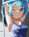  absurdres arms_up blue_camisole blue_eyes blue_hair camisole closed_mouth clothes_lift commentary cut_bangs eguma_(eggmayo100) frown highres hirogaru_sky!_precure lifting_own_clothes medium_hair one_eye_closed precure shirt_lift sora_harewataru undressing upper_body 