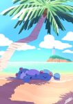  3others absurdres artist_name beach blue_sky closed_eyes cloud cloudy_sky drooling hand_on_own_stomach highres island lighthouse lying marill multiple_others on_back on_side on_stomach open_mouth palm_tree pokemon pokemon_(creature) sakanagi_(a_r_co) shadow sky sleeping tree twitter_username 