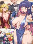  2girls absurdres areola_slip bare_shoulders blonde_hair blue_dress blue_eyes blue_gloves blue_hair breasts bridal_gauntlets cake cocktail_dress cowboy_shot dress food gloves highres iparupua large_breasts long_hair multicolored_hair multiple_girls panty_&amp;_stocking_with_garterbelt panty_(psg) pink_hair red_bridal_gauntlets red_dress revealing_clothes stocking_(psg) strawberry_shortcake two-tone_hair 