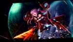  1girl absurdres alice_gear_aegis bare_shoulders detached_collar floating flying gloves highres holding holding_weapon ichijou_ayaka long_hair mecha_musume open_mouth planet purple_eyes purple_hair smile solo space sword taida_jun thighhighs twintails weapon 
