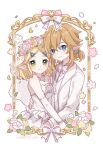  1boy 1girl bare_shoulders blonde_hair blue_eyes blush bow bowtie bracelet closed_mouth commentary dress earrings elbow_gloves elf flower flower_wreath gloves green_eyes hair_ornament hairclip hand_on_another&#039;s_waist hashtag-only_commentary head_wreath highres jacket jewelry link long_sleeves pearl_bracelet pointy_ears princess_zelda shirt simple_background smile strapless strapless_dress the_legend_of_zelda the_legend_of_zelda:_breath_of_the_wild white_background white_bow white_bowtie white_dress white_flower white_gloves white_jacket white_shirt yellow_flower yukomeow 