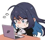  1girl ado_(utaite) blue_eyes blue_hair chando_(ado) colored_inner_hair commentary_request computer laptop long_hair mole mole_under_eye multicolored_hair riseno sidelocks simple_background solo sweatdrop typing utaite white_background 
