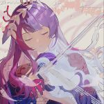  1girl artist_request blunt_bangs chinese_commentary closed_eyes closed_mouth commission dress frilled_sleeves frills gloves gradient_hair hair_floating_upwards head_tilt headpiece highres holding holding_instrument holding_violin honkai:_star_rail honkai_(series) hysilens_(honkai:_star_rail) instrument leaning_to_the_side long_hair long_sleeves multicolored_hair music playing_instrument purple_hair red_gloves second-party_source see-through_clothes see-through_sleeves solo upper_body violin watermark wavy_hair 