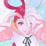  1girl a_maru_8911 black_ribbon dress eyelashes four-finger_heart_hands hair_over_one_eye hashtag-only_commentary headphones heart heart_hands looking_at_viewer lowres neck_ribbon one_piece one_piece_film:_red purple_eyes red_hair ribbon smile solo twintails upper_body uta_(one_piece) white_dress white_hair 