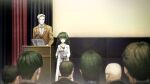  1boy 1girl 6+others alexis_leskinen bald blonde_hair blunt_bangs brown_jacket buttons closed_mouth clothing_request coat collar collarbone collared_shirt computer crowd curtains dress flat_chest from_behind game_cg glasses green_collar green_eyes green_hair green_trim grey_dress grin height_difference highres hiyajou_maho holding holding_tablet_pc hood hood_down hoodie huke jacket lab_coat lapels laptop long_hair long_sleeves looking_at_another messy_hair microphone multiple_others nape non-web_source notched_lapels official_art presentation rabbit_zipper ringed_eyes shirt short_hair smile square_pupils standing steins;gate steins;gate_0 tablet_pc thick_eyebrows very_long_hair very_short_hair white_coat white_shirt 