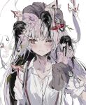  black_hair blush bow closed_mouth frills fujiwara_no_mokou full_body grey_skirt hair_bow hair_ribbon highres houraisan_kaguya long_hair long_sleeves mini_person mini_person_on_head mini_person_on_shoulder one_eye_closed pink_shirt red_eyes ribbon sesmkun shirt short_sleeves skirt touhou upper_body very_long_hair white_background white_hair white_shirt 