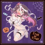  1girl areola_slip artist_name bandage_on_hair bandaged_arm bandaged_chest bandaged_leg bandages bat_(animal) belt blush bow brown_eyes brown_hair candy candy_cane choker commentary_request dated dot_nose food hair_bow halloween halloween_costume highres holding_own_breasts jack-o&#039;-lantern long_hair mukai_rinjin multicolored_hair mummy_costume naked_bandage nose_blush original partial_commentary pink_hair polka_dot polka_dot_bow pumpkin purple_background red_bow silk solo spider_web star_(symbol) streaked_hair striped_background thigh_belt thigh_strap trick_or_treat twitter_username two-tone_background watermark wavy_mouth wrist_belt 
