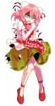  1girl bandaged_arm bandages breasts bun_cover commentary dairi double_bun flower full_body green_skirt hair_between_eyes hair_bun hand_up ibaraki_kasen knees_together_feet_apart large_variant_set medium_breasts medium_hair open_mouth pink_eyes pink_flower pink_hair print_tabard puffy_short_sleeves puffy_sleeves red_ribbon red_shoes red_tabard ribbon shaded_face shirt shoes short_sleeves skirt solo standing sweatdrop tabard tachi-e thighs torn_clothes torn_shirt torn_skirt torn_tabard touhou variant_set white_shirt 