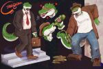 3:2 5_fingers alcohol alligator alligatorid angry anthro beer beverage bottomwear briefcase brown_clothing brown_topwear business_suit clothing cregon crocodile crocodilian cross-popping_vein denim denim_bottomwear denim_clothing drunk fingers footwear green_body hi_res jeans male pants pinkgirlpen reptile scalie shirt shoes solo stairs substance_intoxication suit topwear white_body white_clothing white_shirt white_topwear yellow_eyes