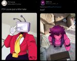 2025 anthro artist_logo clothing dated deltarune draw_over duo electronics english_text eyeless fake_screencap female female_anthro first_person_view for_a_head gesture ghostar656 hair hand_gesture hi_res humanoid lancer_(deltarune) lizard logo looking_at_viewer low-angle_view male male/female male_humanoid meme middle_finger necktie object_head purple_body purple_hair purple_scales reptile scales scalie screen screen_face screen_head sequence signature solo susie_(deltarune) television tenna_(deltarune) text toby_fox_(copyright) tv_head undertale_(series) viewed_from_above yellow_necktie yellow_sclera
