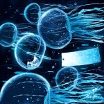  1other absurdres air_bubble animal_focus arms_behind_head artist_name astronaut bubble commentary disguise fish flying_fish head_rest helmet highres jellyfish kazunoko_(kazunoko_zunoco) lying on_back original radio_antenna signature space space_helmet spacesuit star_(sky) tentacles wind_chime wind_chime_focus 
