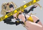  bad_link bare_legs bikini bikini_top_aside black_choker blonde_hair breasts choker convenient_censoring detached_sleeves eye_mask fingerless_gloves gloves highres kawaaniiiii keep_out narrow_waist navel side-tie_bikini_bottom simple_background smile swimsuit thigh_strap trigger_(zenless_zone_zero) wide_hips zenless_zone_zero 