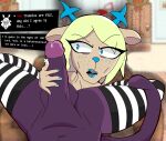 annoyed anthro antlers artist_collaboration blonde_hair blue_eyes blue_lips blush blush_lines bodily_fluids carol_holiday clothing cum deer deltarune duo english_text felid feline female genital_fluids genitals glowing hair hi_res horn kellytoydk legwear legwear_only lips male male/female mammal mature_female mostly_nude penis spread_legs spreading stockings stockings_only text trans_(lore) trans_woman_(lore) transphobia transphobic_slur undertale_(series)
