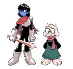 2024 2_horns ambiguous_gender anthro armor biped black_hair blue_body blue_skin bovid cape caprine clothed clothed_anthro clothed_human clothing darkner deltarune digital_drawing_(artwork) digital_media_(artwork) duo english_description eyewear full-length_portrait fur glasses goat green_clothing hair hair_over_eye hands_behind_back hellspawnmotel holding_melee_weapon holding_object holding_sword holding_weapon horn human kris_(deltarune) lineup male_(lore) mammal melee_weapon mouth_closed one_eye_obstructed open_mouth open_smile osamu_tezuka pink_scarf portrait ralsei red_cape red_clothing scarf simple_background smile standing style_emulation sword undertale_(series) weapon white_background white_body white_fur