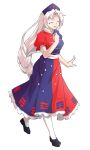  1girl ^_^ arm_at_side black_shoes blue_dress blue_hat braid breasts closed_eyes collared_dress commentary_request constellation_print cross cross_print curtained_hair dairi dress flats frilled_sleeves frills full_body hand_up happy hat highres large_breasts large_variant_set long_hair looking_at_viewer multicolored_dress nurse_cap open_mouth pantyhose print_dress puffy_short_sleeves puffy_sleeves red_cross red_dress scratches shoes short_sleeves sidelocks simple_background single_braid smile solo tachi-e touhou transparent_background variant_set very_long_hair walking white_hair white_pantyhose white_petticoat yagokoro_eirin 