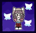  1girl animal_ears arknights beanie brown_hat commentary deepcolor_(arknights) deepcolor_(melodic_portrayal)_(arknights) dotted_background english_commentary english_text fake_animal_ears glasses hat long_hair multicolored_hair official_alternate_costume parted_lips pink_hair purple_eyes purple_hair red_skirt shirt simple_background sitting skirt solo white_shirt yellow_eyes 
