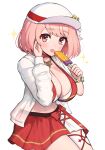  1girl :p bracelet breasts cleavage commentary_request fire_emblem fire_emblem_engage fire_emblem_heroes flower_bracelet food gonzarez hat highres holding holding_food holding_popsicle jewelry lapis_(fire_emblem) lapis_(forager_of_the_sea)_(fire_emblem) large_breasts looking_at_viewer necklace official_alternate_costume open_mouth pink_eyes pink_hair popsicle red_skirt short_hair simple_background sitting skirt solo sparkle star_(symbol) star_necklace thighs tongue tongue_out white_background white_hat 