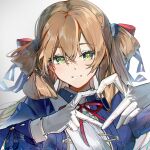  1girl absurdres blue_jacket blue_ribbon blueblossom brown_hair commentary commission english_commentary girls&#039;_frontline gloves green_eyes hair_ribbon heart heart_hands highres jacket long_hair long_sleeves looking_at_viewer neck_ribbon pixiv_commission red_ribbon ribbon shirt smile solo springfield_(girls&#039;_frontline) teeth upper_body white_gloves white_shirt 