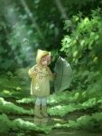  1girl animal_ear_hood animal_ears boots brown_eyes bush cat_ears dappled_sunlight day deformed downturned_eyes eyelashes fake_animal_ears forest full_body happy highres holding holding_umbrella hood hood_up hooded_coat jianuannuannuan knee_boots light_rays long_sleeves looking_at_self nature nikki_(nikki) nikki_(series) open_mouth outdoors pantyhose pocket procreate_(medium) puddle raincoat reflective_floor shining_nikki smile solo star_(symbol) sunlight transparent transparent_umbrella umbrella white_pantyhose yellow_boots yellow_raincoat 