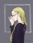  1girl alternate_costume anmitsu_sd assam_(girls_und_panzer) bespectacled black_shirt blonde_hair casual girls_und_panzer glasses hair_down highres long_hair long_sleeves shirt signature 