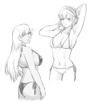  2girls alternate_costume armpits arms_up ass back bare_arms bare_legs bikini black_bikini breasts cleavage dark-skinned_female dark_skin echidna_(fire_emblem) fire_emblem fire_emblem:_the_binding_blade greyscale highres igrene_(fire_emblem) large_breasts looking_at_viewer looking_back looking_to_the_side medium_breasts monochrome multiple_girls navel sideboob smile standing stomach swimsuit thighs tsukimura_(d24f4z8j3t) white_bikini 