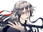  1boy beaugi black_hair black_hanfu chinese_clothes dizi floating_hair flute hair_between_eyes hair_down hair_ribbon half_updo hanfu highres holding holding_flute holding_instrument instrument limited_palette long_hair looking_at_viewer male_focus modao_zushi official_alternate_hairstyle open_mouth red_eyes red_ribbon ribbon simple_background smile solo spot_color transverse_flute upper_body weapon wei_wuxian wei_wuxian_(yiling_laozu) white_background 