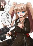  2girls :d absurdres black_dress black_shirt blue_eyes blush brown_hair buttons clenched_hand collarbone collared_shirt commentary_request cowboy_shot dezik_(sentinel_girls) double-breasted dress finger_on_trigger gun hand_up highres holding holding_gun holding_weapon long_bangs long_hair long_sleeves looking_at_viewer misaka_hachirou multiple_girls necktie open_mouth red_necktie sentinel_girls shirt shotgun skirt skirt_set smile snezhinka_(sentinel_girls) solo_focus speech_bubble thought_bubble translated twintails weapon white_background 