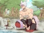  1girl abs androgynous animal_ears bamboo_bottle black_skirt blue_sky breasts chest_sarashi cleavage closed_mouth cloud commentary_request constricted_pupils day full_body grass hip_vent inubashiri_momiji large_breasts looking_at_viewer muscular muscular_female navel outdoors ratenbo red_eyes red_skirt river rock sarashi short_hair skirt sky solo squatting tail touhou tree two-tone_skirt v-shaped_eyebrows white_hair wolf_ears wolf_girl wolf_tail 