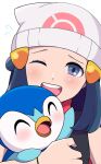  1girl ;d beanie black_hair black_shirt bracelet dawn_(pokemon) eyelashes flying_sweatdrops hair_ornament hairclip happy hat highres holding holding_pokemon jewelry light_blush long_hair nakikot_t one_eye_closed open_mouth piplup pokemon pokemon_(creature) pokemon_dppt raised_eyebrows scarf shirt sleeveless sleeveless_shirt smile teeth tongue upper_teeth_only white_background white_hat 