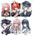  6+girls absurdres arknights bang_dream! bang_dream!_it&#039;s_mygo!!!!! black_gloves black_hair black_hat black_vest blue_sailor_collar chihaya_anon chinese_commentary closed_mouth collared_shirt commentary_request diagonal-striped_clothes diagonal-striped_necktie earrings fang fiammetta_(arknights) glasses gloves green_hair grey_eyes grey_jacket hair_between_eyes halo haneoka_school_uniform hat hibike!_euphonium highres jacket jewelry kamisaki_hikaru kitauji_high_school_uniform lemuen_(arknights) liz_to_aoi_tori long_hair long_sleeves medalist_(manga) multiple_girls necktie open_mouth pink_eyes pink_hair pointing pointing_at_viewer ponytail purple_eyes red_eyes red_hair red_necktie reverse:1999 sailor_collar school_uniform serafuku shirt sidelocks siy_(shengxiu760722) steepled_fingers striped_clothes teeth translated upper_teeth_only vertin_(reverse:1999) vest white_shirt yellow_eyes yoroizuka_mizore 