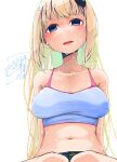  1girl absurdres blonde_hair blue_eyes breasts camisole commentary_request crop_top dripping empty_eyes highres kizuna_akari kuuneru514 long_hair looking_afar navel open_mouth saliva signature simple_background sitting solo stomach sweat vocaloid voiceroid white_background 