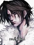  1boy artist_name blue_eyes brown_hair dr4k0ns earrings final_fantasy final_fantasy_viii fur-trimmed_jacket fur_trim highres jacket jewelry looking_at_viewer male_focus scar scar_on_face short_hair solo squall_leonhart white_background 