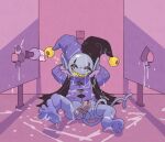 argon_vile balls barefoot bathroom bell black_sclera bodily_fluids bottomless bottomless_male butt chastity_cage chastity_device clothed clothing cum cum_everywhere darkner deltarune feet fool&#039;s_hat genital_fluids genitals glory_hole grey_body grin hat headgear headwear hi_res imp jevil_(deltarune) male messy partially_clothed penis public_restroom sharp_teeth sitting smile solo teeth toilet undertale_(series) yellow_eyes yellow_teeth