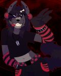 4:5 alternative_fashion anthro arm_warmers armwear black_and_red bone bracelet canid canine chowmalgamation clothing ear_piercing emo fluffy fluffy_hair fluffy_tail gesture hair hand_gesture hi_res jewelry lgbt_pride mammal piercing pride_colors razor solo spiked_bracelet spikes stretched_ears tail tongue tongue_out tools transgender_pride_colors v_sign