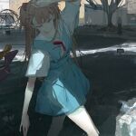  1boy 1girl absurdres arm_up closed_mouth highres interface_headset_(evangelion) long_hair looking_at_viewer neck_ribbon neon_genesis_evangelion outdoors paindude ribbon school_uniform shade shirt short_sleeves sketch skirt solo_focus souryuu_asuka_langley standing suspender_skirt suspenders tokyo-3_middle_school_uniform tree 