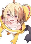  1girl absurdres ahoge airenif alternate_costume animal_costume blonde_hair breasts camisole commentary from_above gigi_murin highres hololive hololive_english looking_at_viewer lower_teeth_only open_mouth pink_eyes sharp_teeth simple_background small_breasts solo teeth two_side_up virtual_youtuber white_background white_camisole 