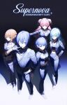  1boy 4girls :o absurdres arm_at_side asymmetrical_jacket belt black_belt blue_eyes blue_gloves blue_hair blue_jacket blue_pants blue_ribbon braid breasts brown_hair chain chain_belt chain_necklace character_name closed_mouth clover_ornament collarbone commentary_request crop_top cropped_jacket cropped_shirt crossed_bangs earrings finger_to_mouth full_body gloves grey_eyes group_name group_picture hair_behind_ear hair_between_eyes hair_ornament hairclip half_gloves hanasato_minori hand_on_own_hip highres hinomori_shizuku jacket jewelry kaito_(vocaloid) kiritani_haruka korean_commentary lapel_pin lapels lead_to_shine_more_(project_sekai) long_hair long_sleeves looking_at_viewer medium_breasts midriff momoi_airi more_more_jump!_(project_sekai) more_more_jump!_kaito multiple_girls navel necklace notched_lapels official_alternate_costume one_eye_closed pants parted_lips pearl_necklace pink_eyes pink_hair project_sekai ribbon shirt short_hair side_braid sidelocks silver_chain silver_trim small_breasts smile song_name sora_(men0105) standing stomach suspender_pants turtleneck turtleneck_shirt two_side_up vocaloid 