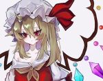  1girl ascot blonde_hair closed_mouth collarbone crystal flandre_scarlet hair_between_eyes hat hat_ribbon looking_at_viewer mob_cap nari_(bikkii) one_side_up puffy_short_sleeves puffy_sleeves red_eyes red_ribbon red_vest ribbon shirt short_sleeves side_ponytail simple_background single_off_shoulder solo touhou upper_body vest white_background white_shirt wings yellow_ascot 