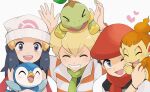  1girl 2boys :d ;d arm_up barry_(pokemon) beanie black_hair blonde_hair bracelet chimchar closed_eyes dawn_(pokemon) eyelashes green_scarf grey_eyes grin hair_ornament hairclip hand_up hat heart highres jacket jewelry long_hair lucas_(pokemon) multiple_boys nakikot_t one_eye_closed open_mouth piplup pokemon pokemon_(creature) pokemon_dppt scarf sidelocks smile striped_clothes striped_jacket teeth turtwig upper_teeth_only white_background white_hat 
