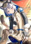  1girl absurdres animal_ear_fluff animal_ears animal_hood black_gloves blue_eyes boots breasts cat_ears cat_girl cat_hood cat_tail cipher_(honkai:_star_rail) commentary_request fingerless_gloves gloves gold_boots grey_hair high_heel_boots high_heels highres honkai:_star_rail honkai_(series) hood large_breasts noes short_hair_with_long_locks smile solo tail thigh_boots yellow_nails 