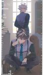  2boys absurdres ahoge arms_behind_back black_hair black_pants black_shirt black_shoes blue_eyes blue_necktie book book_stack bookshelf charlemagne_(fate) couch fate/grand_order fate_(series) full_body gloves grey_hair hand_on_own_face highres indoors james_moriarty_(ruler)_(fate) looking_at_viewer male_focus multicolored_hair multiple_boys necktie pants pillarboxed pinstripe_pattern pinstripe_vest shirt shoes short_hair squatting standing streaked_hair suspenders tia_(cocorosso) vest white_gloves white_vest window 