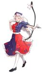  1girl ^_^ alphes_(style) arrow_(projectile) black_shoes blue_dress blue_hat blush bow bow_(weapon) braid breasts closed_eyes collared_dress commentary_request constellation_print cross cross_print curtained_hair dairi drawing_bow dress flats floating_hair full_body hair_tie hand_up happy hat highres holding holding_arrow holding_bow_(weapon) holding_weapon index_finger_raised large_breasts large_variant_set long_hair looking_at_object multicolored_dress no_nose nurse_cap open_mouth outstretched_arm pantyhose parody print_dress puffy_short_sleeves puffy_sleeves red_cross red_dress shoes short_sleeves sidelocks simple_background single_braid smile solo standing style_parody tachi-e tiptoes touhou transparent_background variant_set very_long_hair weapon white_bow white_hair white_pantyhose white_petticoat yagokoro_eirin 