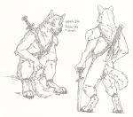  anthro armor backsack balls canid canine canis fluffy hi_res male mammal melee_weapon skyfifer sword traditional_media_(artwork) unconvincing_armor weapon wolf 