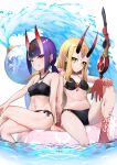  2girls absurdres bare_shoulders bikini black_bikini blonde_hair blush breasts collarbone colored_extremities earrings eyeliner facial_mark fate/grand_order fate_(series) forehead forehead_mark gourd grin hair_pulled_back headpiece highres horns ibaraki_douji_(fate) ibaraki_douji_(swimsuit_lancer)_(first_ascension)_(fate) innertube jewelry long_hair looking_at_viewer low_twintails makeup multiple_girls navel oni pointy_ears polearm purple_eyes purple_hair red_feet red_hands short_hair shuten_douji_(fate) skin-covered_horns small_breasts smile spear sphere_earrings swim_ring swimsuit tattoo terasako thighs twintails water weapon yellow_eyes 