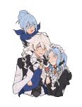  1boy 2girls armor barefoot black_dress blue_eyes blue_hair blue_scarf brooch carrying carrying_person child commentary commission dress english_commentary fang father_and_daughter female_kana_(fire_emblem) fire_emblem fire_emblem_fates flora_(fire_emblem) grey_hair hair_between_eyes hair_bun hand_on_another&#039;s_shoulder highres husband_and_wife jewelry julianlynnnn juliet_sleeves long_sleeves looking_at_another maid maid_headdress male_corrin_(fire_emblem) mother_and_daughter multiple_girls open_mouth pointy_ears puffy_sleeves red_eyes revision scarf shoulder_carry simple_background single_hair_bun skin_fang smile toes twintails white_background 