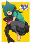  1boy absurdres anipoke_uruto barefoot blush border character_doll closed_eyes commentary_request doll feet green_hair green_shirt grey_pants highres hugging_doll hugging_object long_hair male_focus pants pokemon pokemon_(anime) pokemon_(creature) pokemon_horizons rayquaza sableye shirt short_sleeves sleeping teeth toes ult_(pokemon) white_border yellow_background 