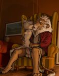 anthro barefoot bottomless carpet chair clay_calloway_(sing) clothed clothing duo eyes_closed eyeshadow feet felid feline female french_kissing furniture hi_res illumination_entertainment inside kissing larger_male lion lynx makeup male male/female mammal nooshy_(sing) pantherine sing_(movie) sitting_sex size_difference wolfinasuit
